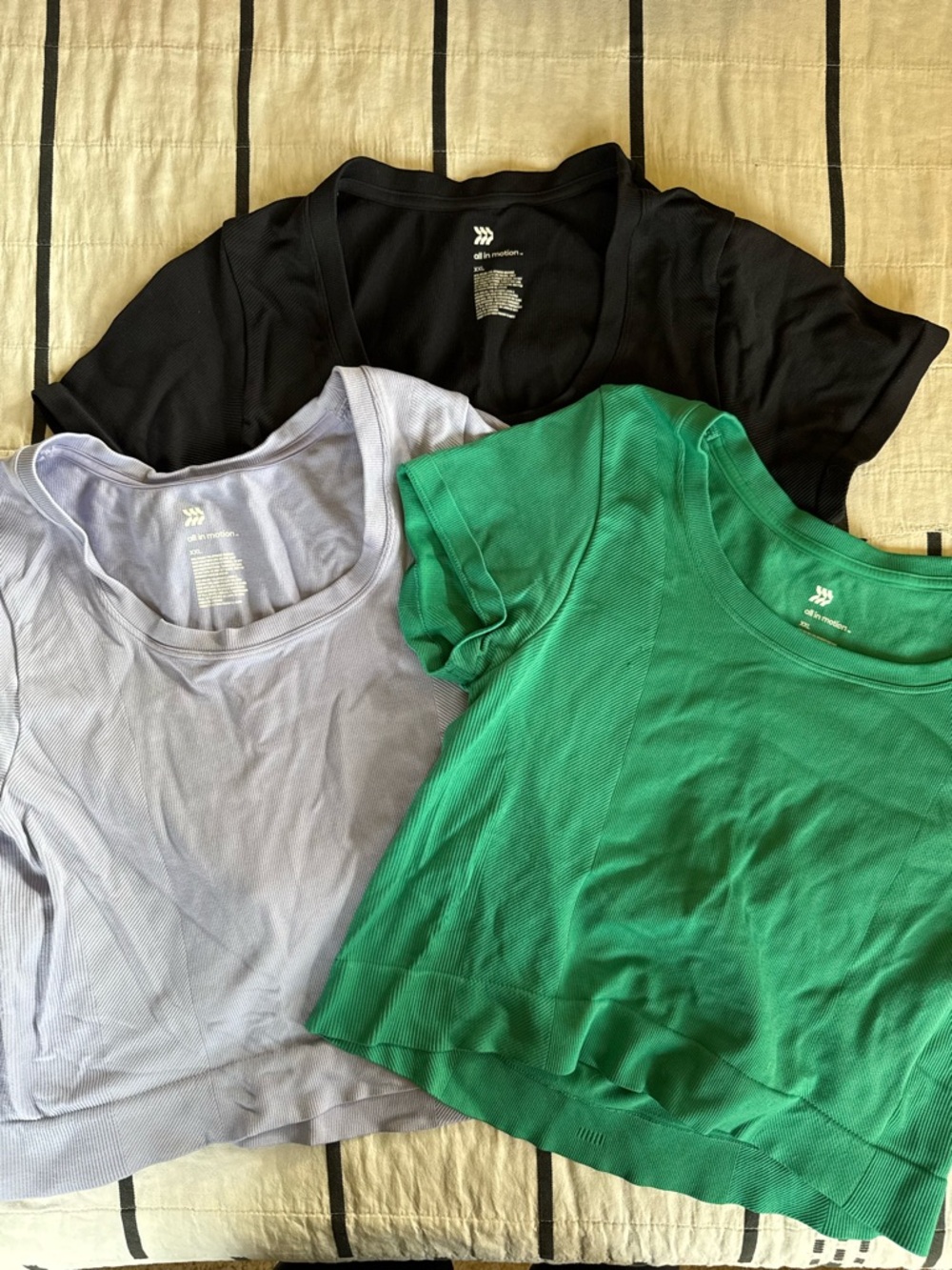 all in motion Bundle Cropped Fitted Short Sleeve Tees — Black, Lavender, Green
